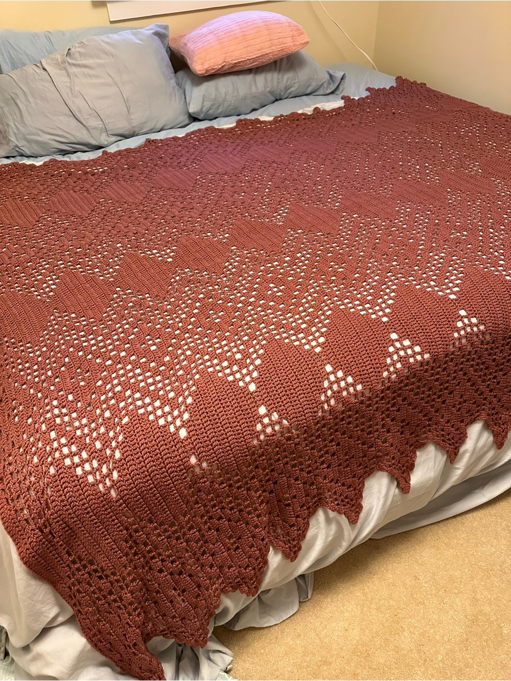 Handmade Crochet Bed Throw Blanket Deep Rose Soft EUC